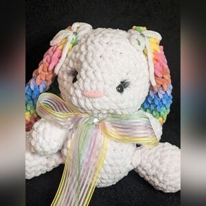Handmade Crochet Bunny with Rainbow Ears 10x7"ins